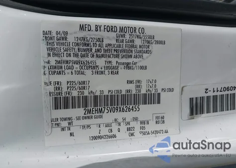 2009 Mercury Grand Marquis Ls (Fleet Only) из США, поврежденный, VIN 2MEHM75V09X626455